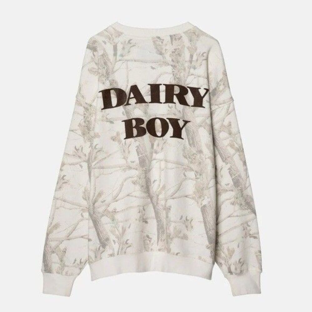 DAIRY BOY Teddy Brown Cream Woodland Camo Crew Sweatshirt XS Cotton Sold Out